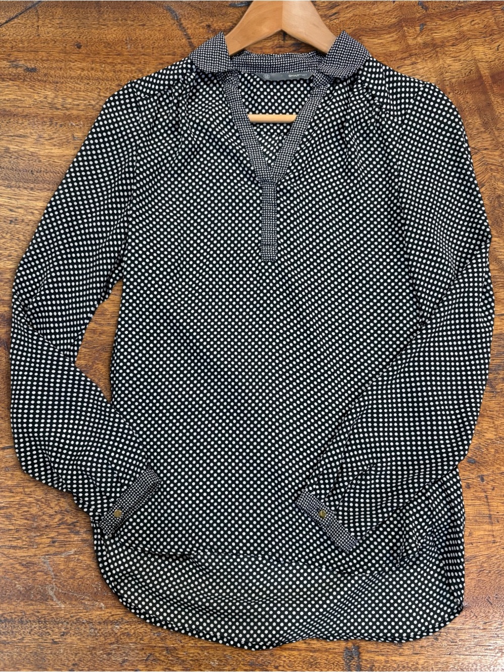 Smart Set Polka Dot Split V-Neck Blouse Black White Collared Workwear XS